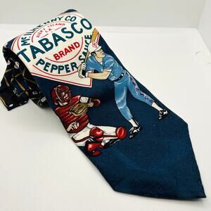 Vintage 90s Tabasco Navy Red 100% Silk Baseball Graphic Novelty Tie
